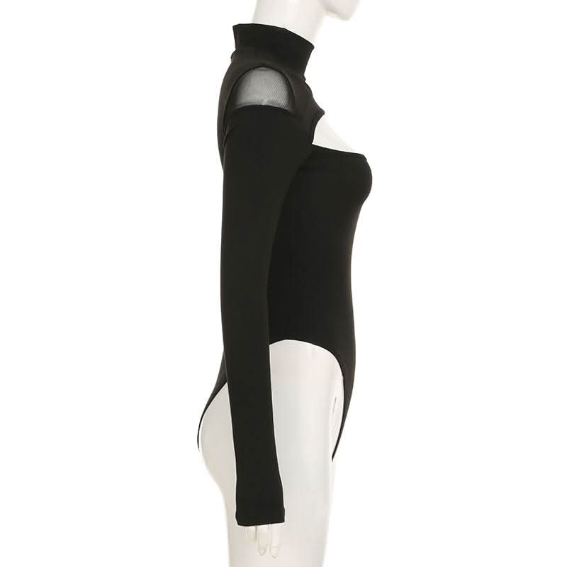 High neck long sleeve mesh hollow out bodysuit