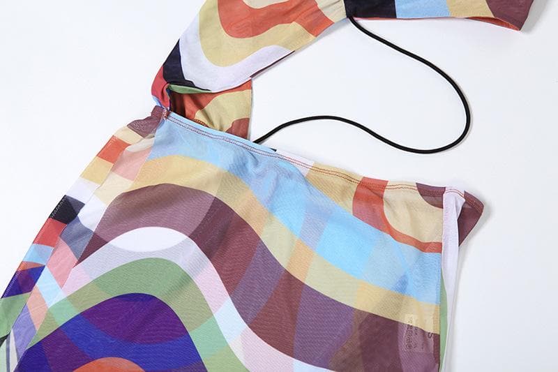 Halter print contrast high slit sheer mesh maxi dress