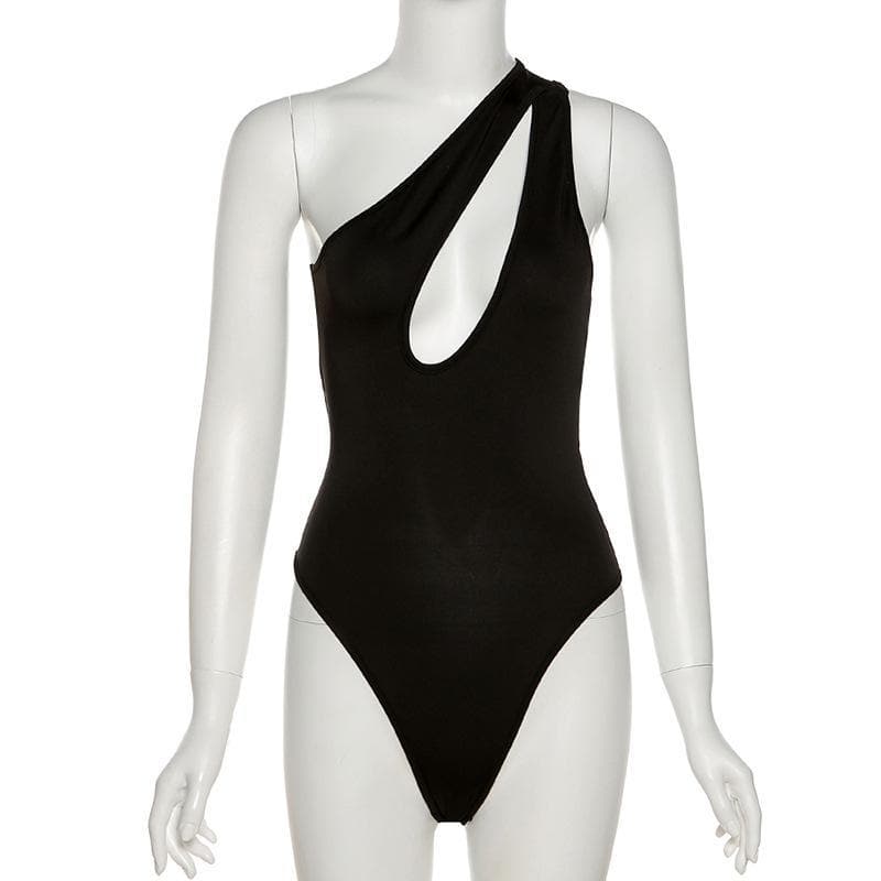 Solid One shoulder Hollow Out Bodysuit