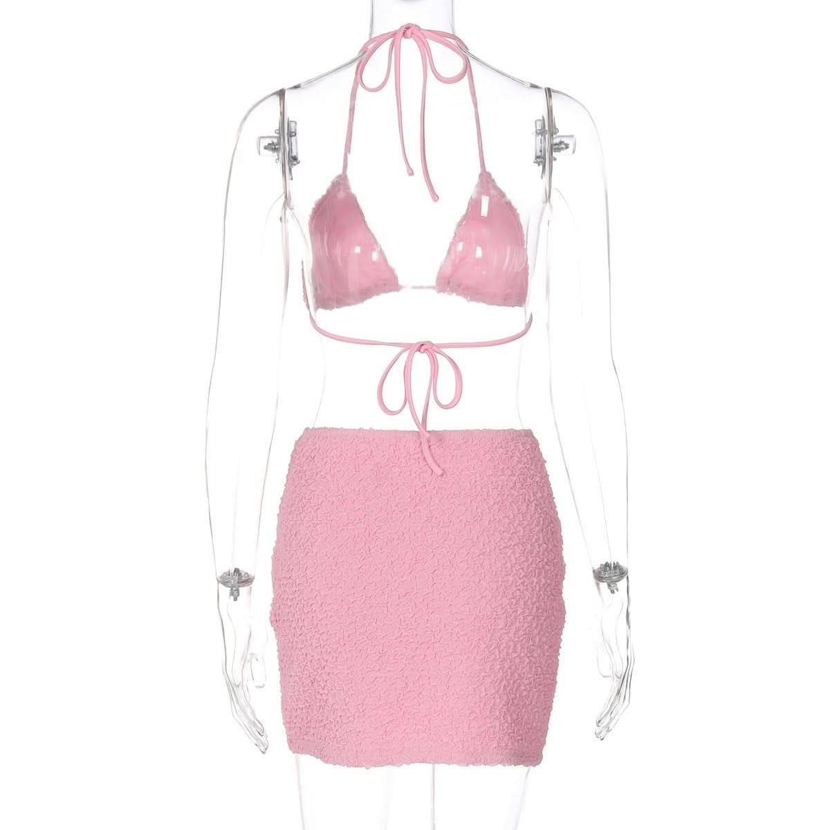 Textured halter self tie v neck solid mini skirt set