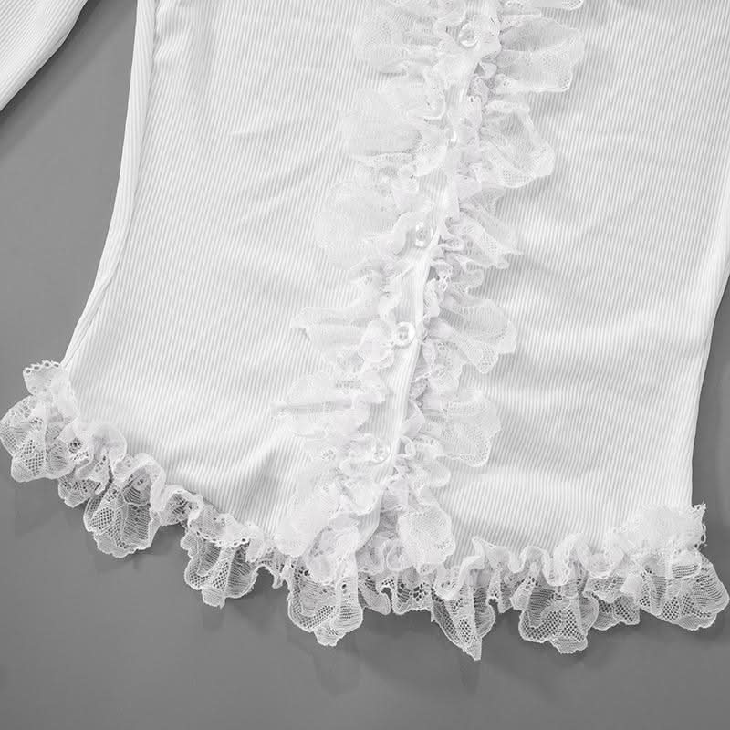 Long sleeve lace hem button ribbed u neck solid top