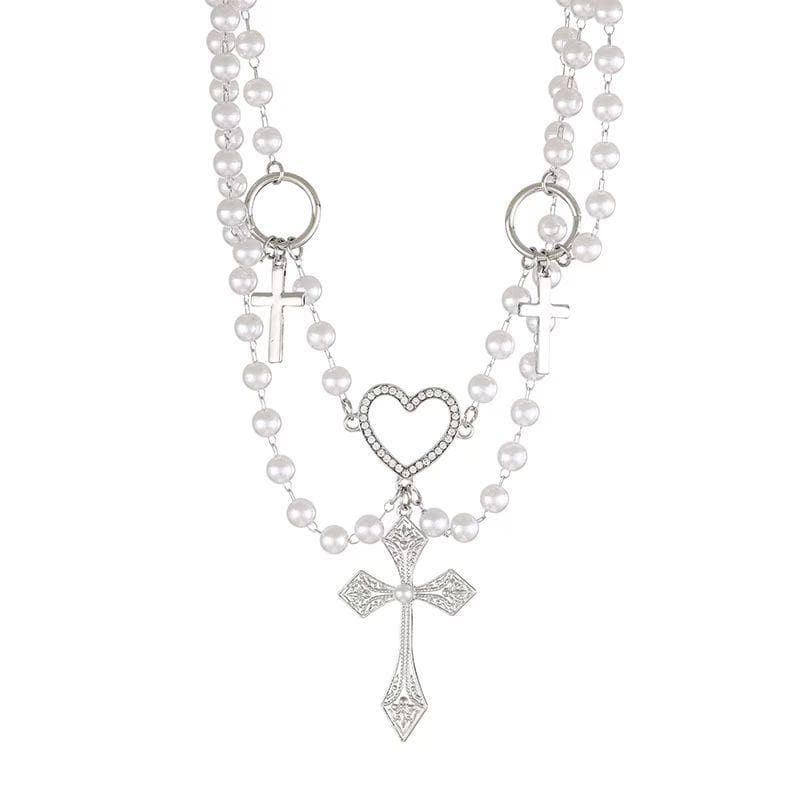 O ring faux pearl layered cross pendant choker necklace