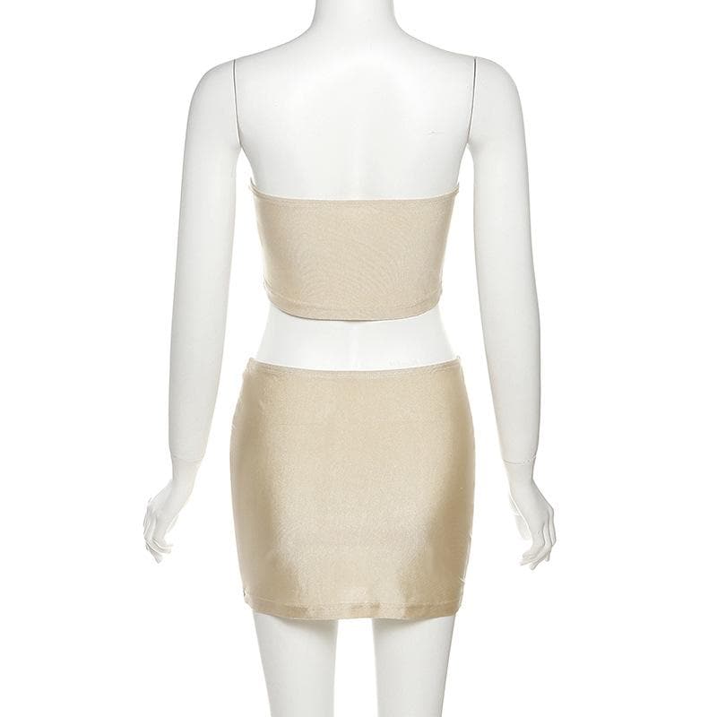 Flower applique solid ruffle irregular backless tube mini skirt set