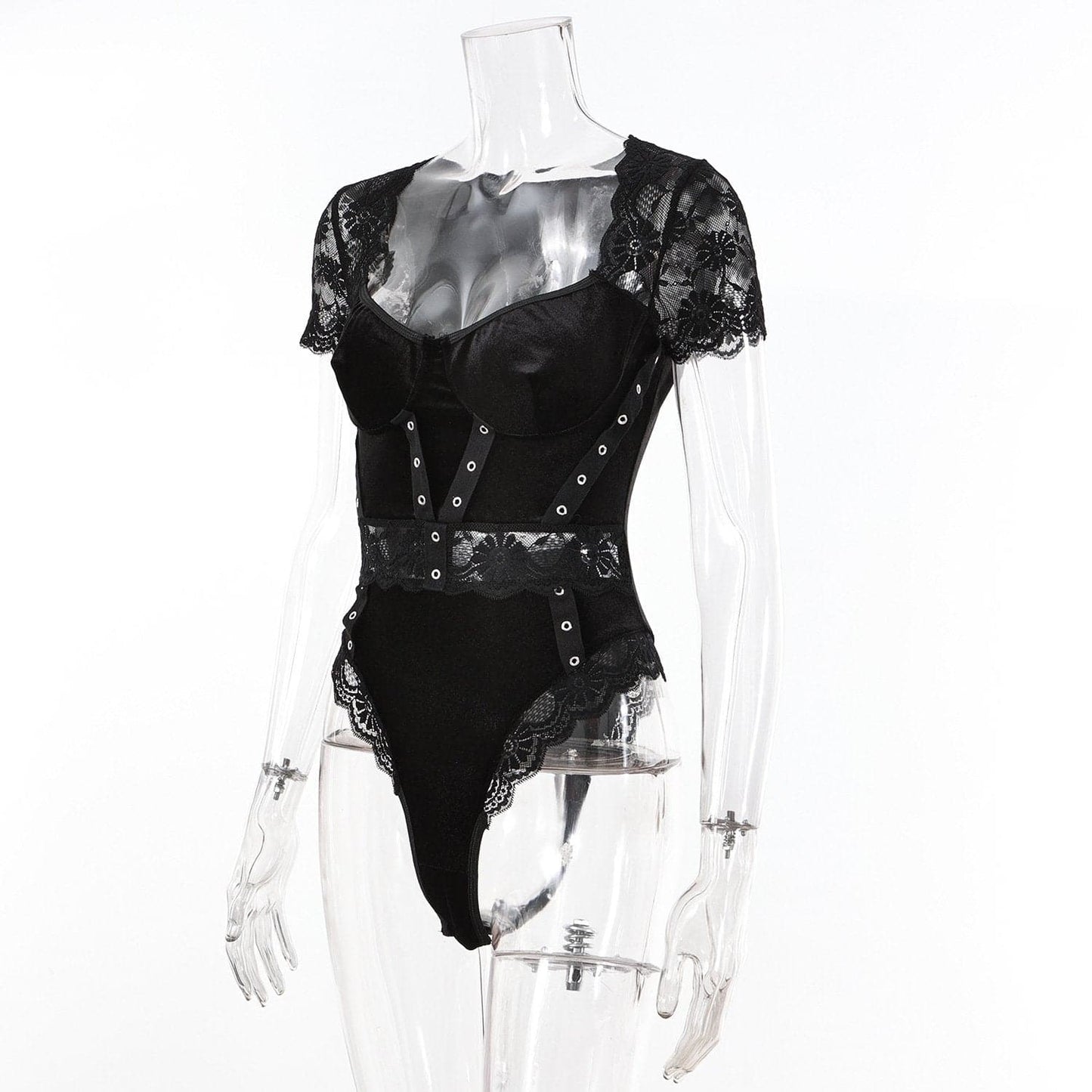 Short sleeve lace velvet patchwork bodysuit