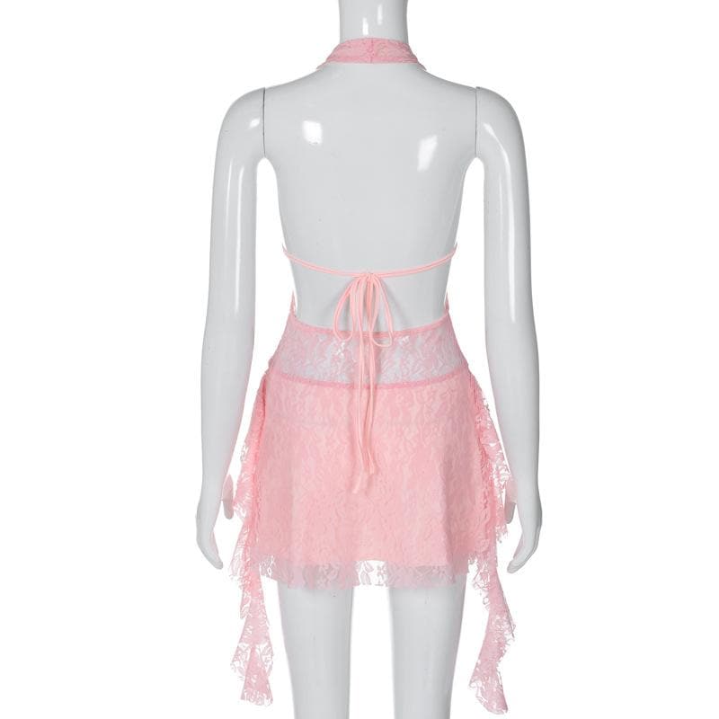 Deep V Halter Lace Up Sheer Ruffle Hem Mini Dress