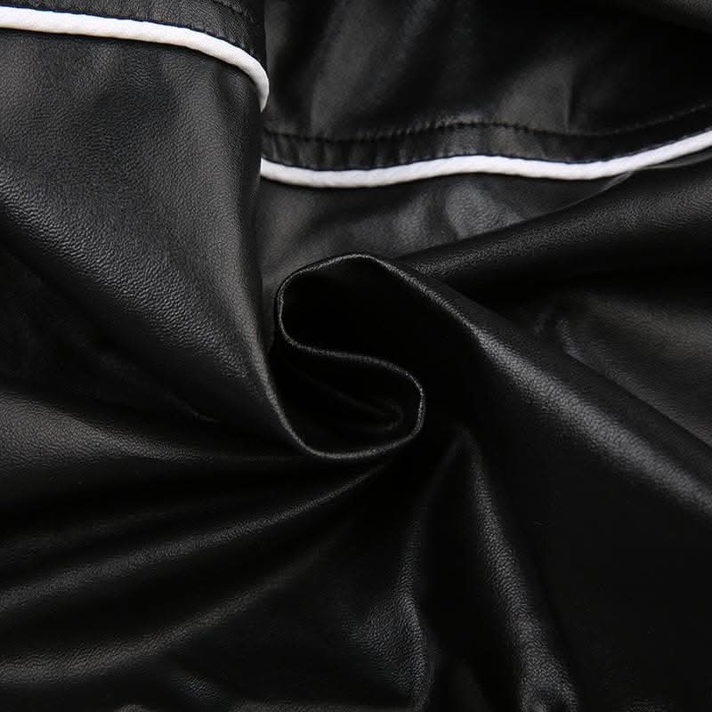 Long sleeve PU leather zip-up high neck coat top-final-sale