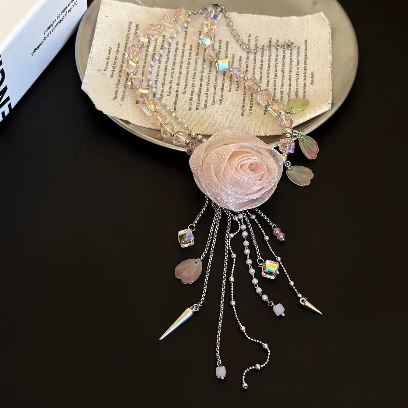 Pink flower decor tassels choker necklace