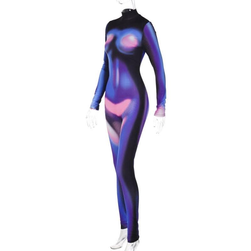 Zip-up long sleeve contrast polka dot thermal print high neck jumpsuit - Final Sale-final-sale