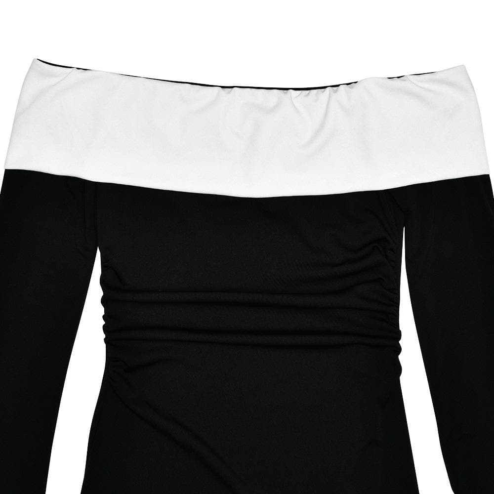 Long sleeve off shoulder patchwork backless mini dress