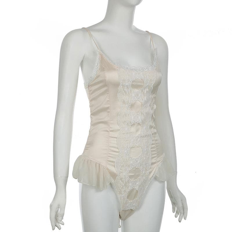 Lace patchwork satin ruffle cami bodysuit