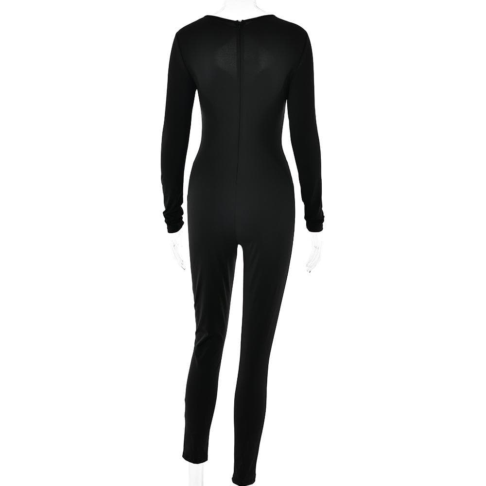 Long sleeve hollow out ruched solid jumpsuit