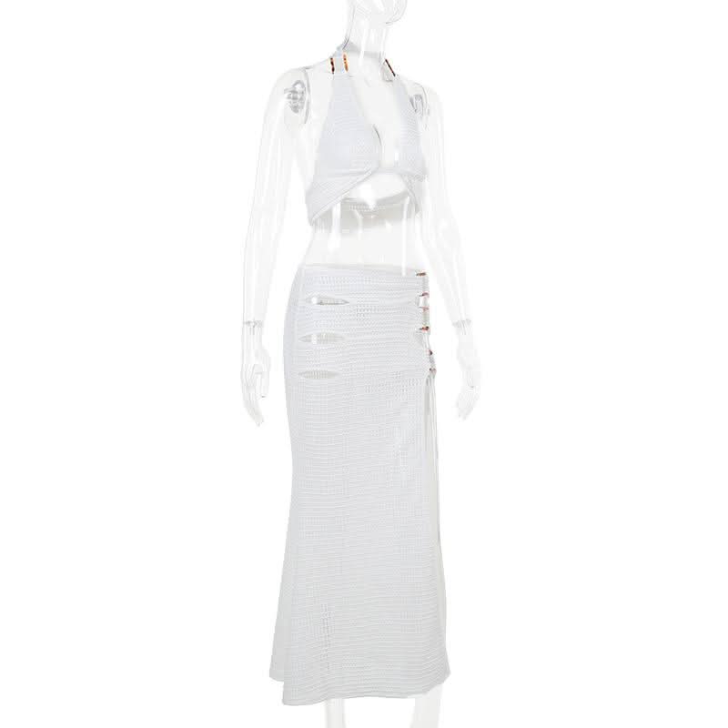 Halter hollow out slit self tie irregular cut out midi skirt set
