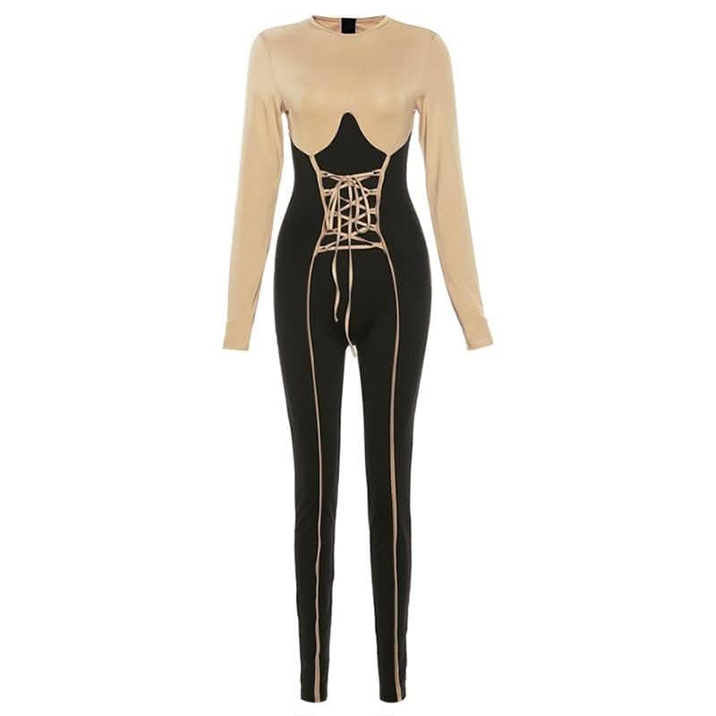 Long sleeve crewneck lace up zip-up stitch jumpsuit-final-sale