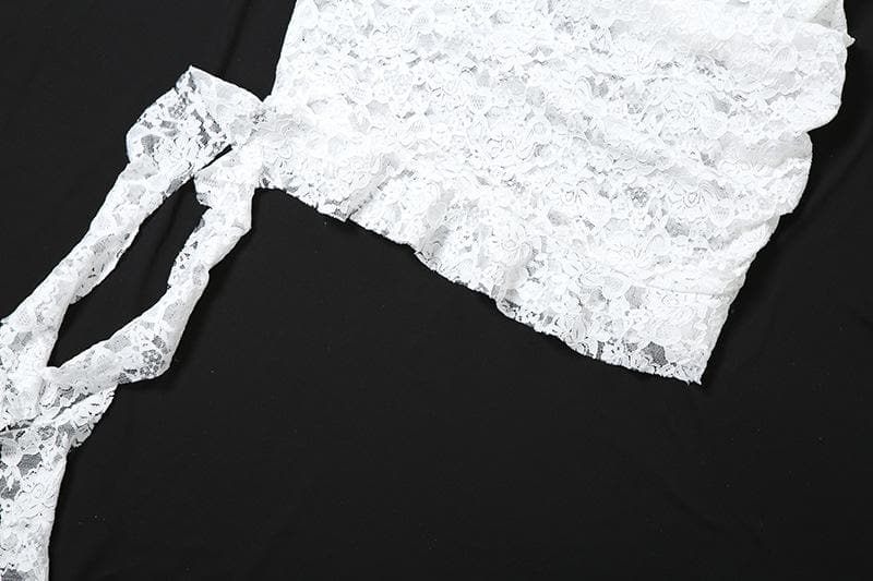 Lace see through one shoulder ruffle knotted ruched mini dress