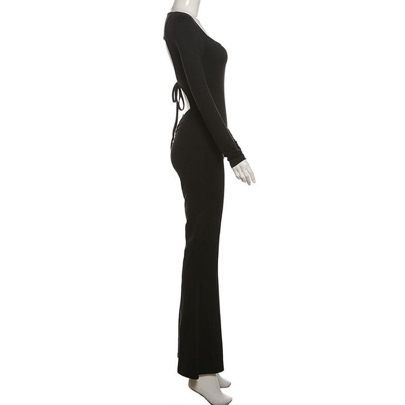Long sleeve u neck backless self tie solid jumpsuit-final-sale