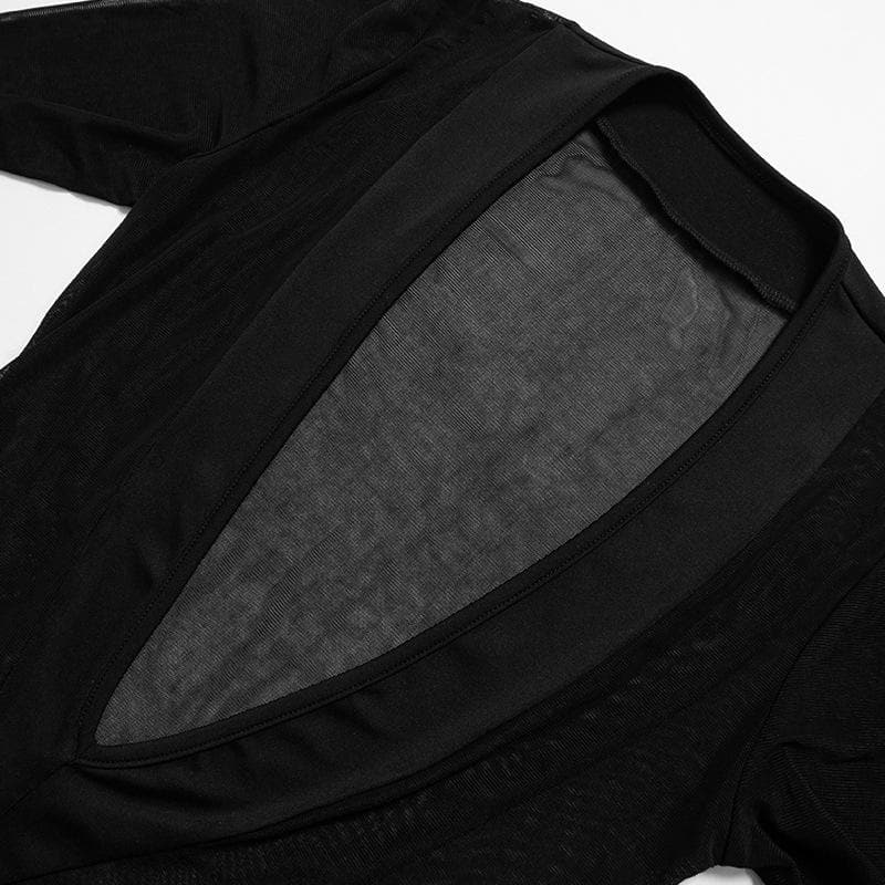 Long sleeve v neck stitch patchwork mesh bodysuit