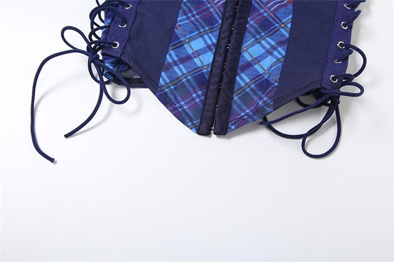 Halter button plaid print lace up top