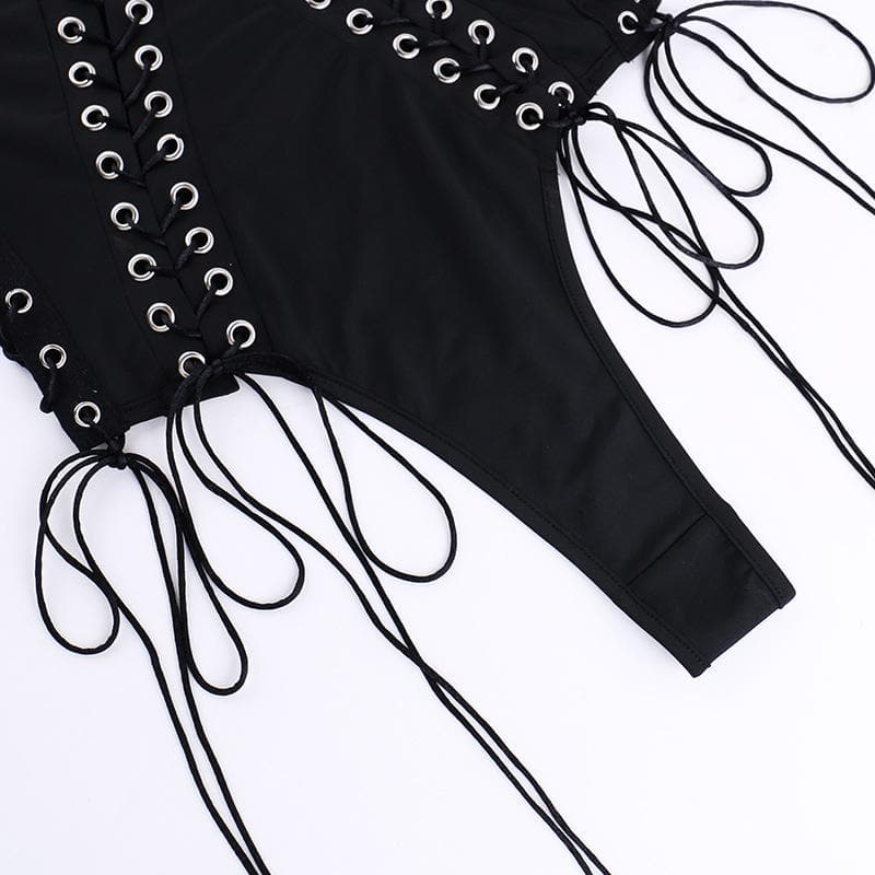 V neck lace up hollow out solid cami bodysuit