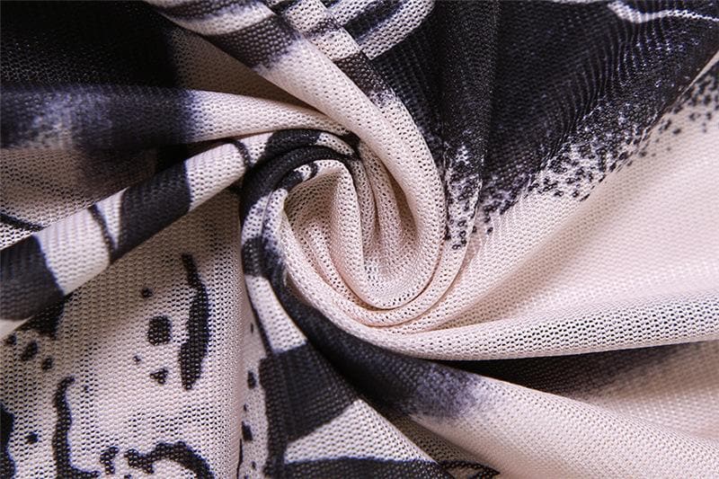 Sheer mesh abstract contrast see through long sleeve maxi dress