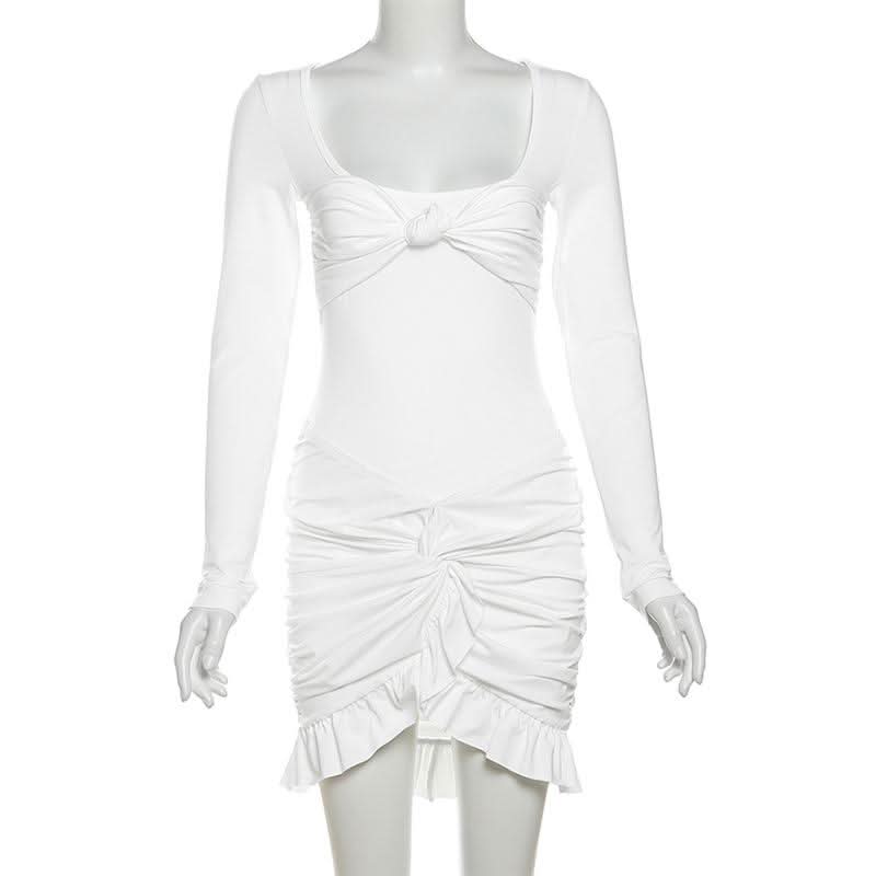 Long sleeve u neck ruched ruffle mini skirt set