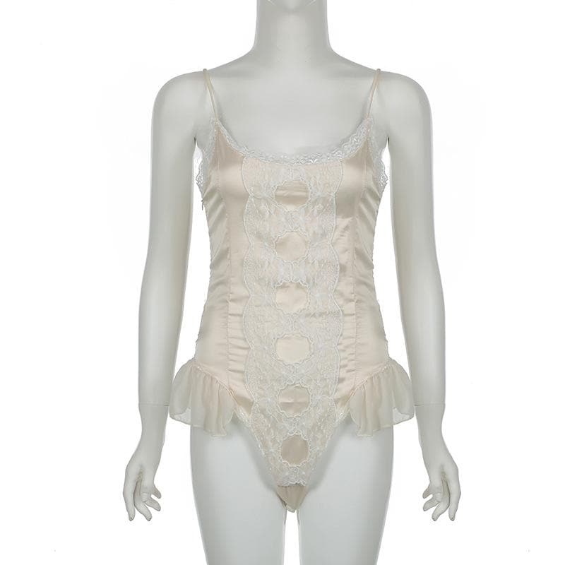 Lace patchwork satin ruffle cami bodysuit