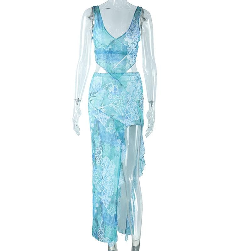 V neck slit knotted cami maxi skirt set