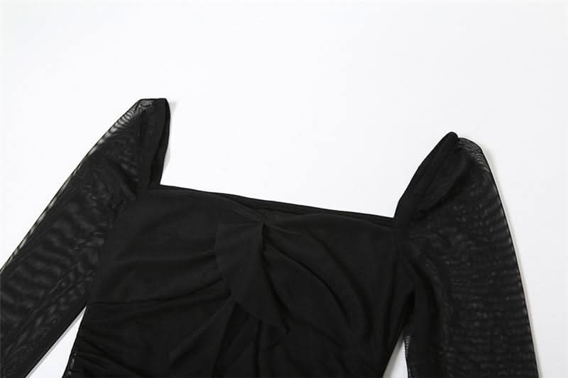 Long flared sleeve irregular mesh ruched mini dress