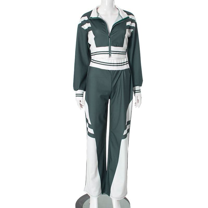 Turnover collar zip-up contrast sports pants set