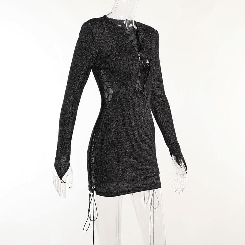 Crew Neck Long Sleeve Front Lace Up Side Lace Up Glitter Knit Mini Dress