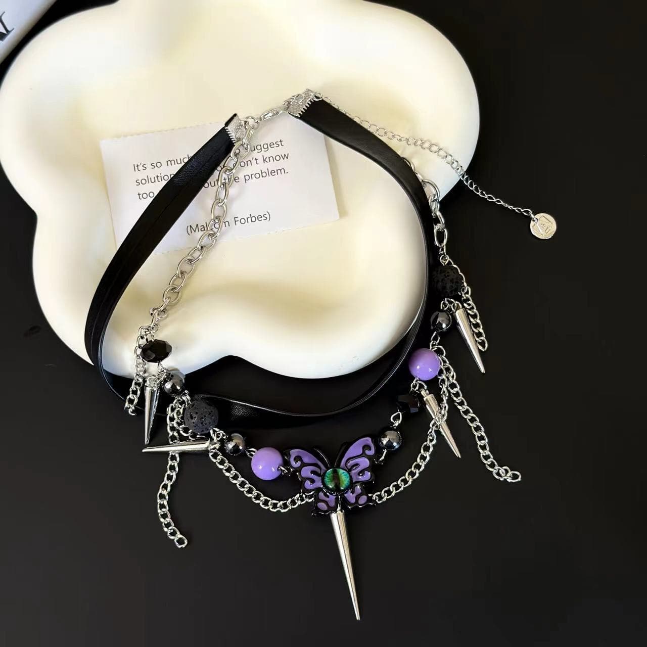 Purple butterfly layered rivet adjustable choker necklace