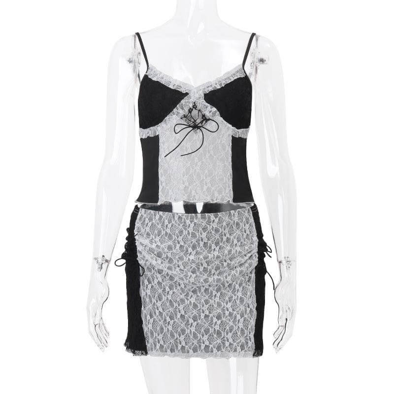 Lace drawstring ruched see through cami mini skirt set