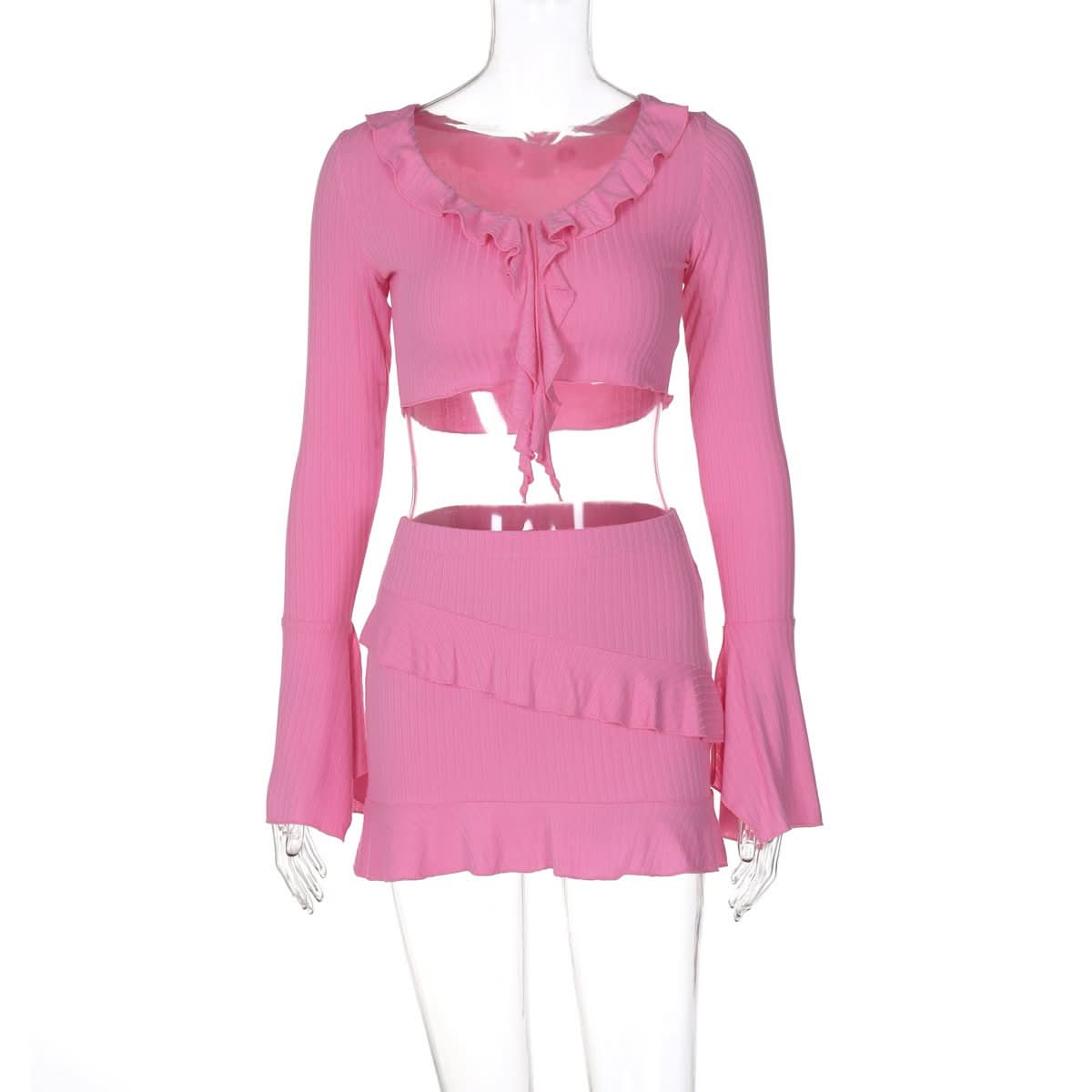 Long flared sleeve v neck ruffle slit mini skirt set