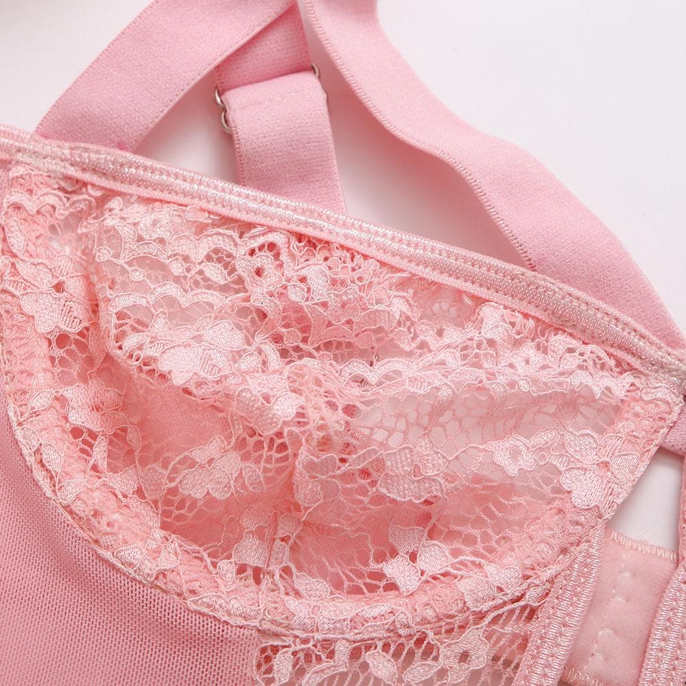 O ring lace garter hollow out bodysuit