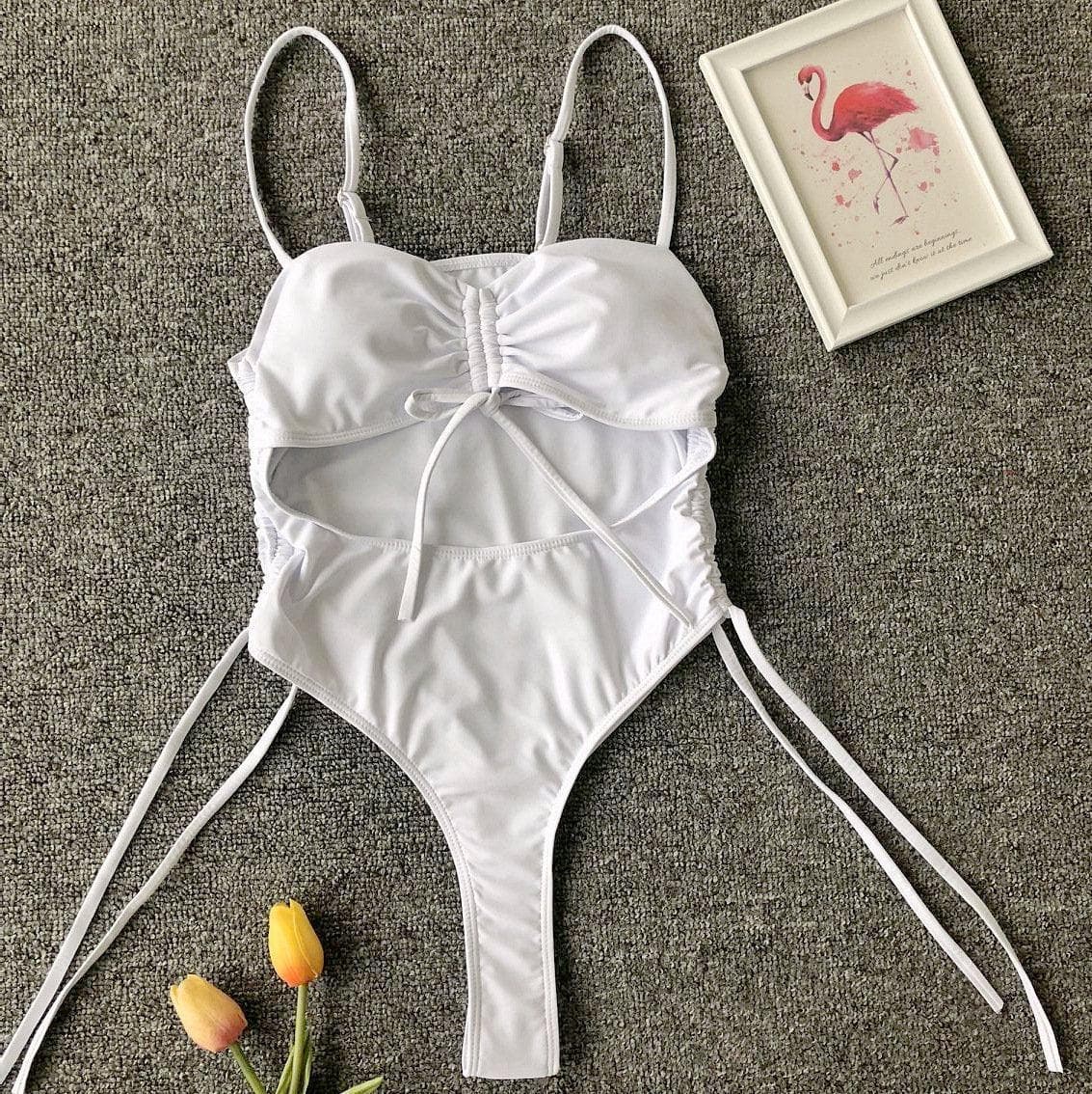 Hollow out drawstring one piece swimwear