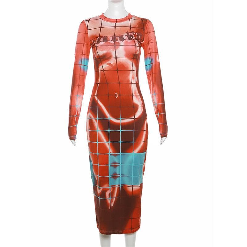 Long Sleeve Crewneck Grid Body Print Color Block Bodycon Maxi Dress