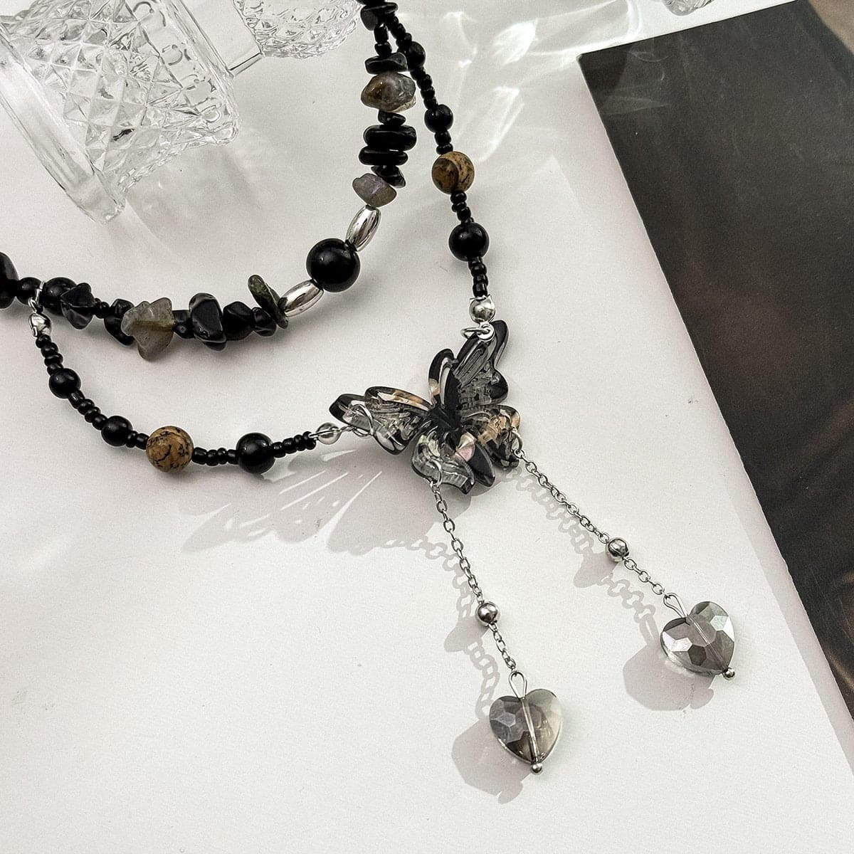 Butterfly decor layered beaded choker necklace