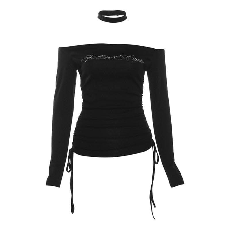 Beaded off shoulder drawstring choker long sleeve top-final-sale