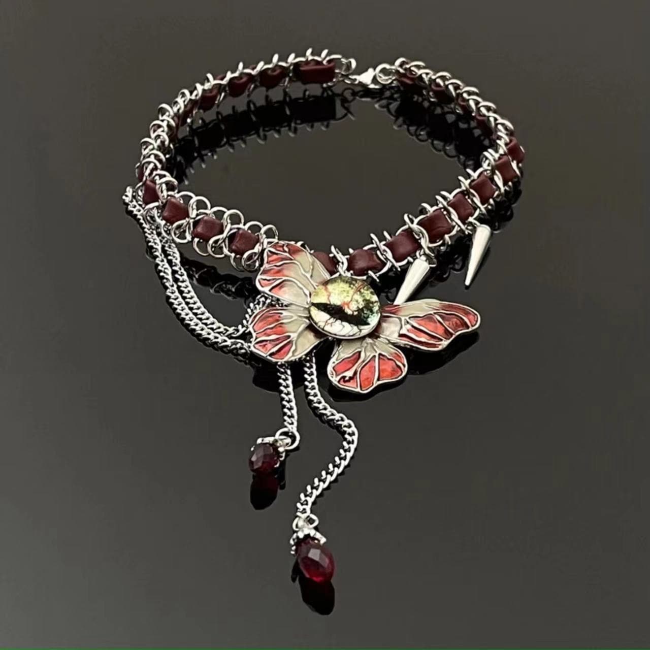 Red butterfly decor PU leather choker necklace