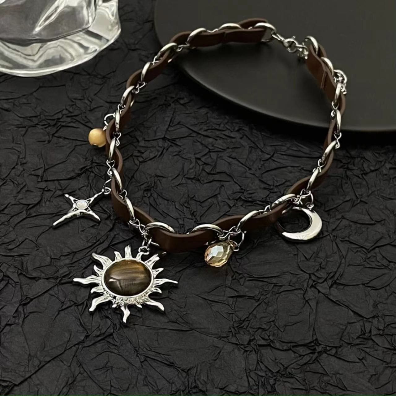 The sun moon cross o ring PU leather choker necklace