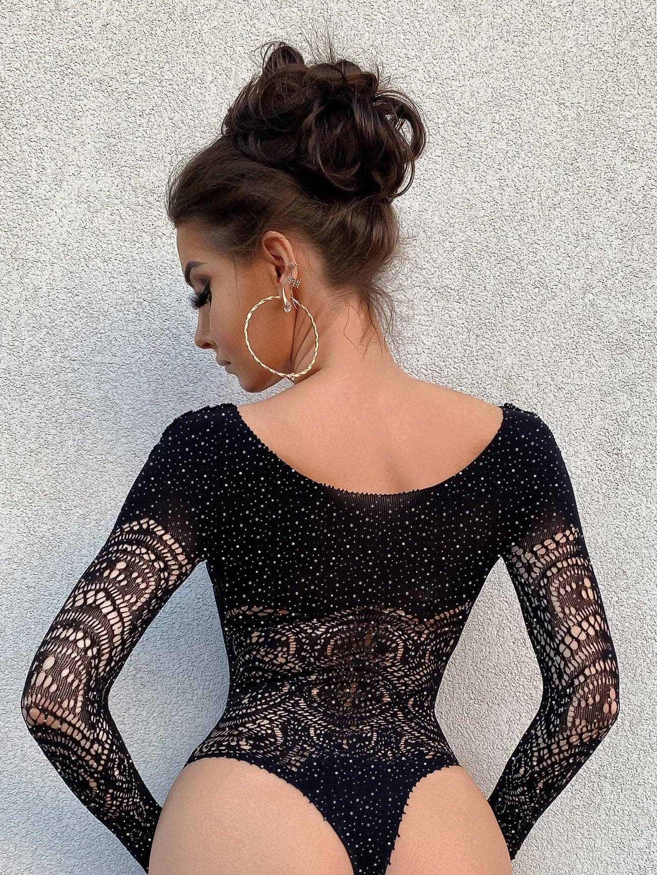 Long sleeve net rhinestone backless bodysuit