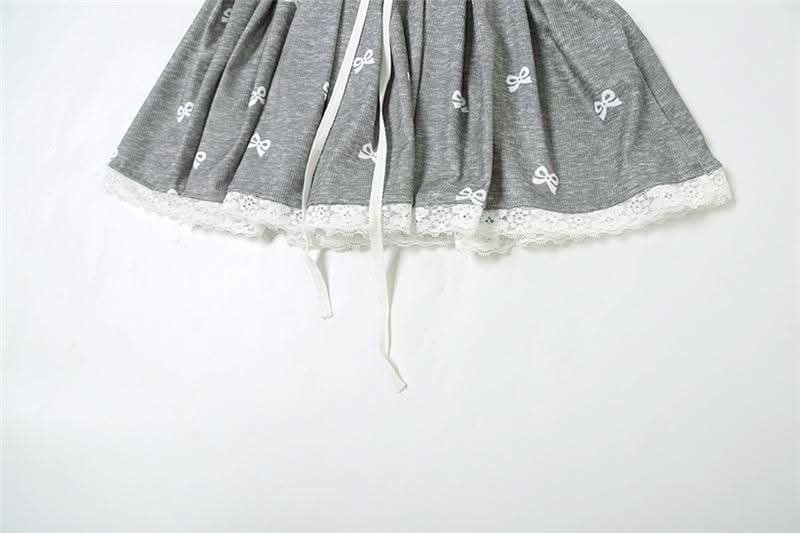 Drawstring lace hem bowknot print A line mini skirt