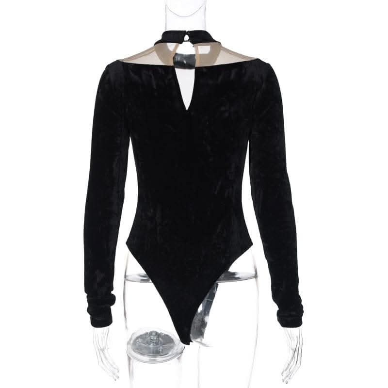 Long sleeve velvet high neck mesh patchwork button bodysuit-final-sale