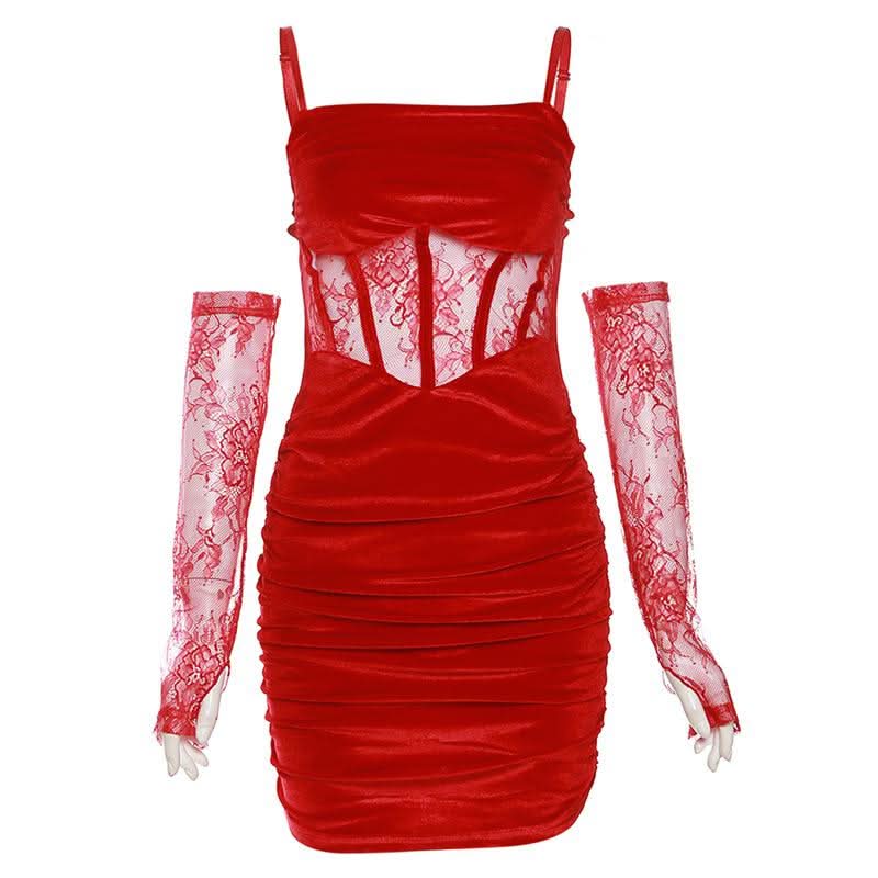 Velvet ruched lace gloves cami mini dress