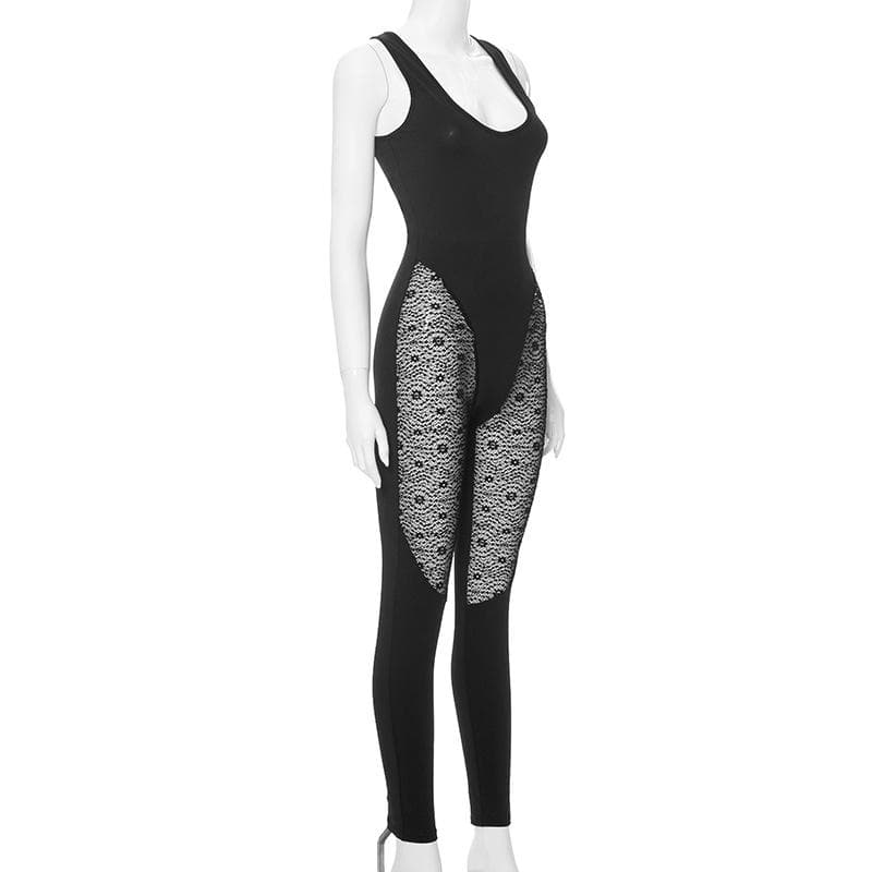 U neck sleeveless lace patchwork solid jumpsuit
