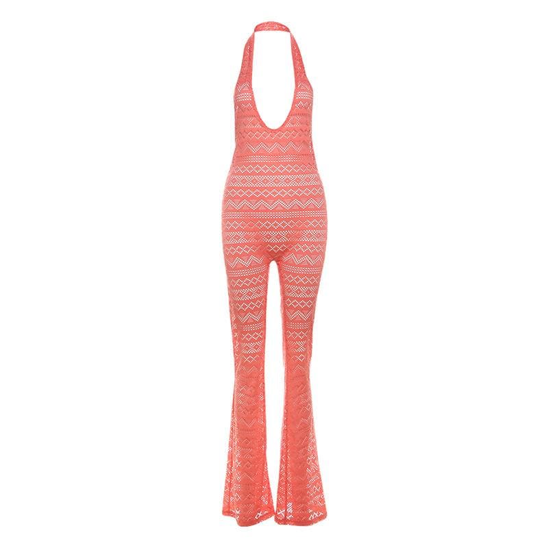 Halter low cut hollow out see through backless jumpsuit-final-sale