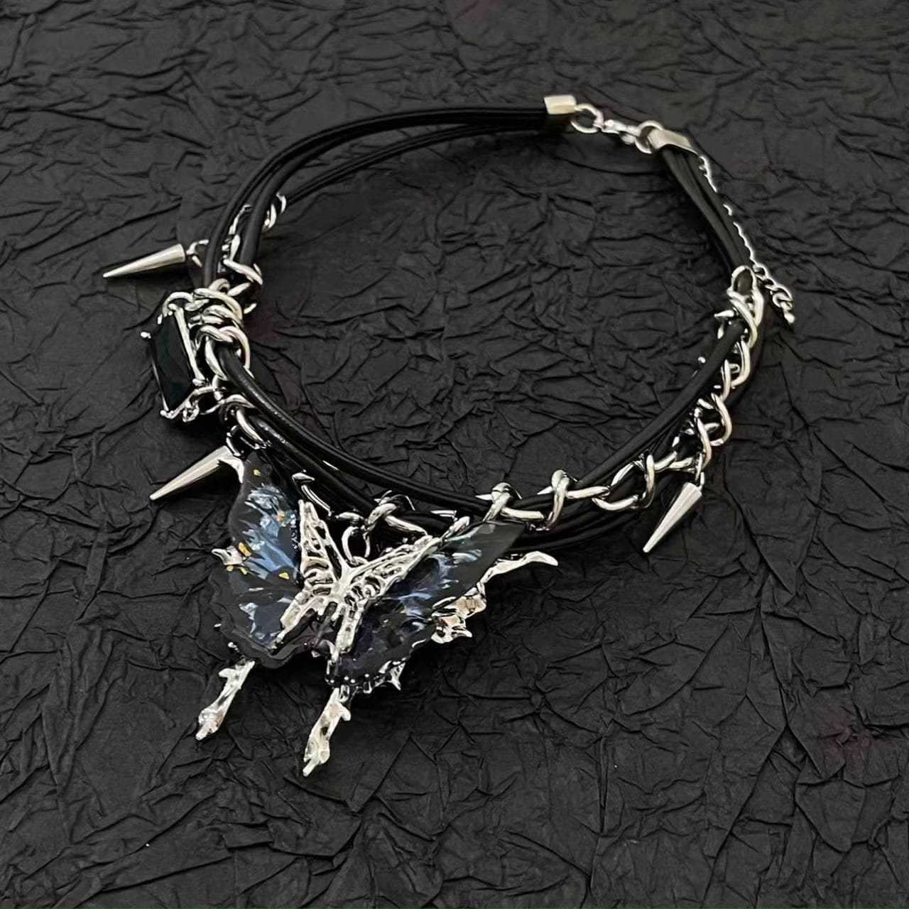 Black butterfly pendant rivet choker necklace