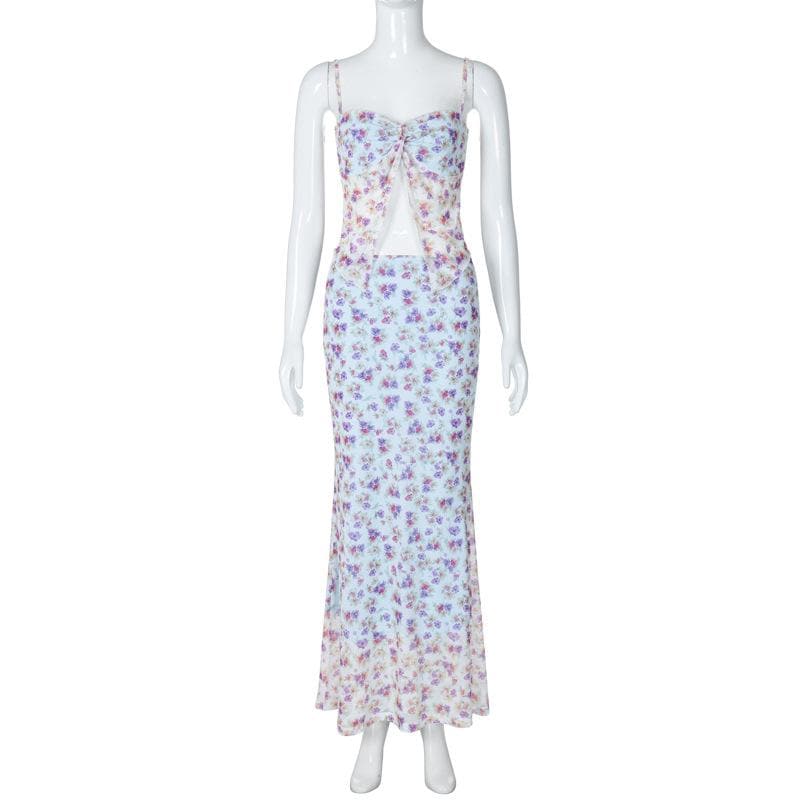 Print ruched high slit sweetheart neck mesh cami maxi skirt set