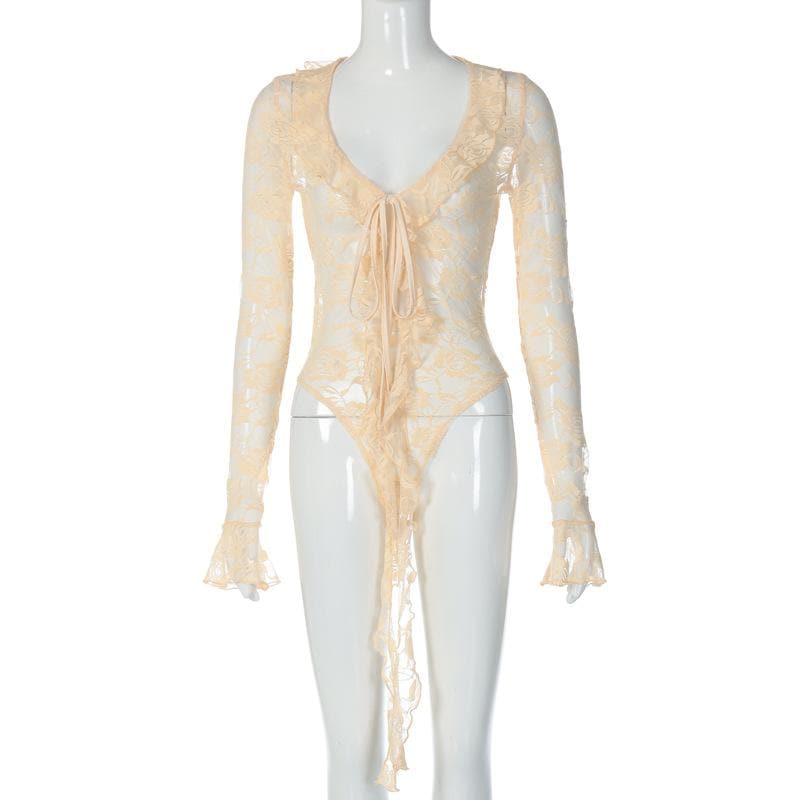 Long flared sleeve ruffle see through lace bodysuit