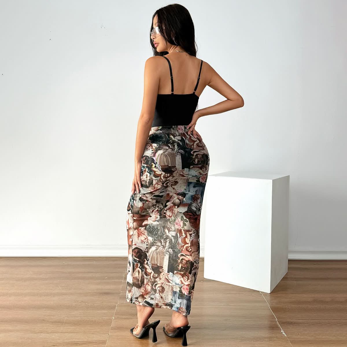 Ruched character print corset square neck cami maxi dress