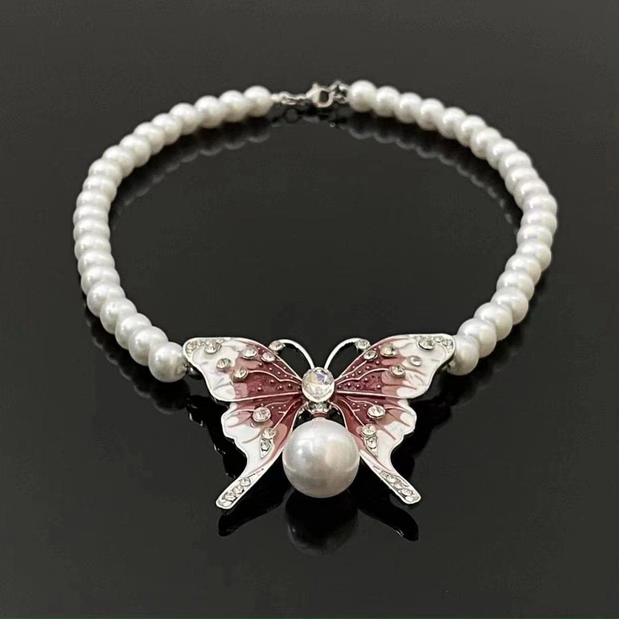 Red butterfly faux pearl choker necklace